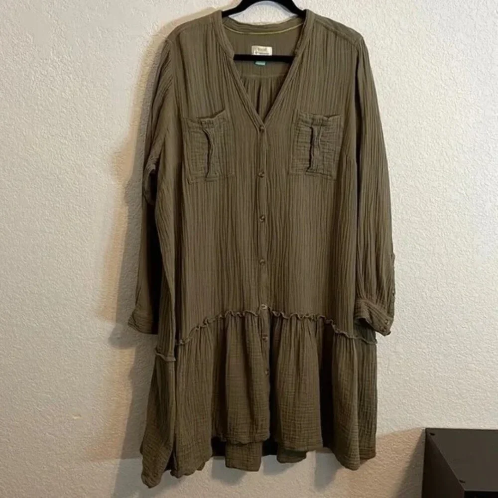 A+ Anthropologie Maeve olive cotton gauze long sleeve tunic mini dress. Sz. 20W - Picture 1 of 10